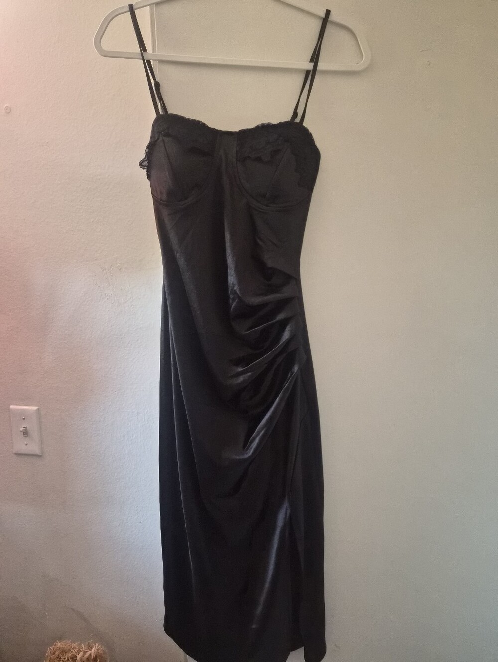 Black Satin Slip Dress with Lace Trim - Women